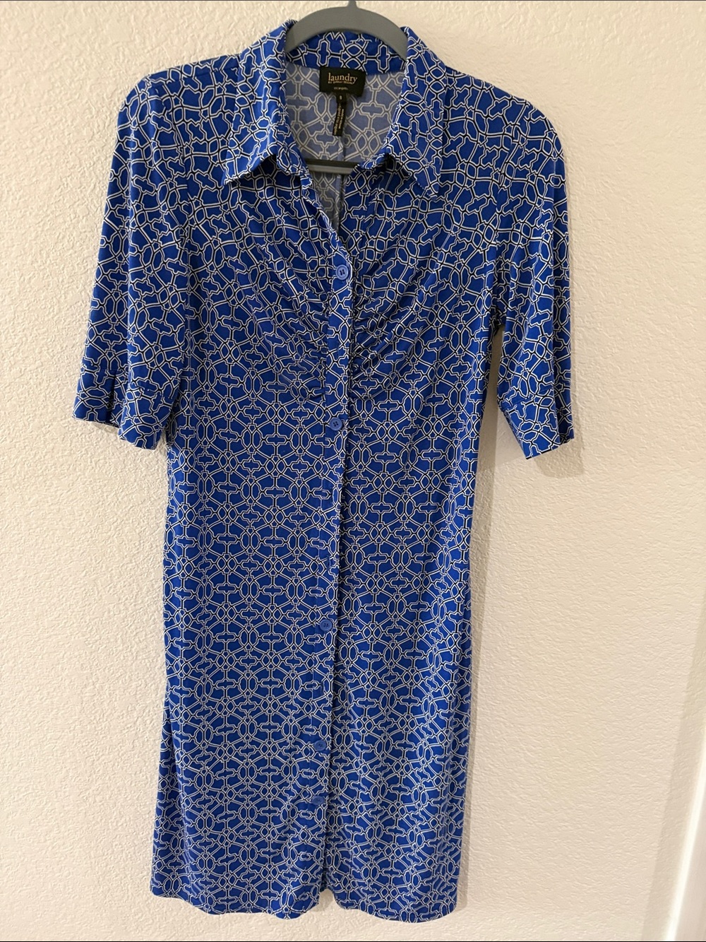 Laundry By Shelli Segal Royal Blue Geometric Midi Shirt Dress